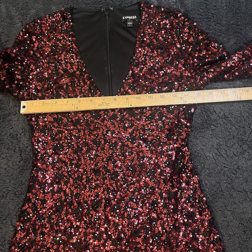 Express Women‎ Burgundy Black Sequin V-Neck Sheath Cocktail Mini Dress Size 2 - Picture 6 of 9